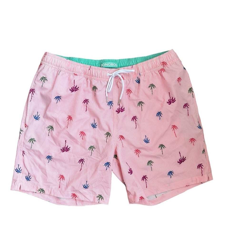 Bonobos Riviera Recycled Swim Trunks Pink Stripes Palm Trees 7” Inseam Size L - Picture 3 of 10